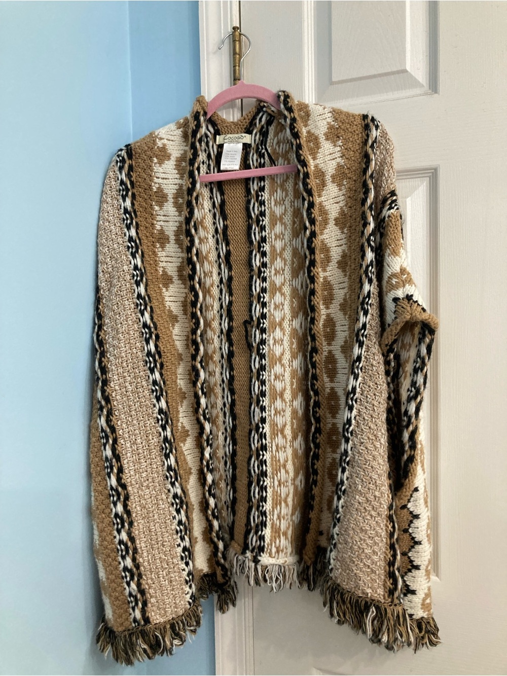 Cozy Striped Fringe Open-Front Poncho Cardigan - Tan, Cream & Black